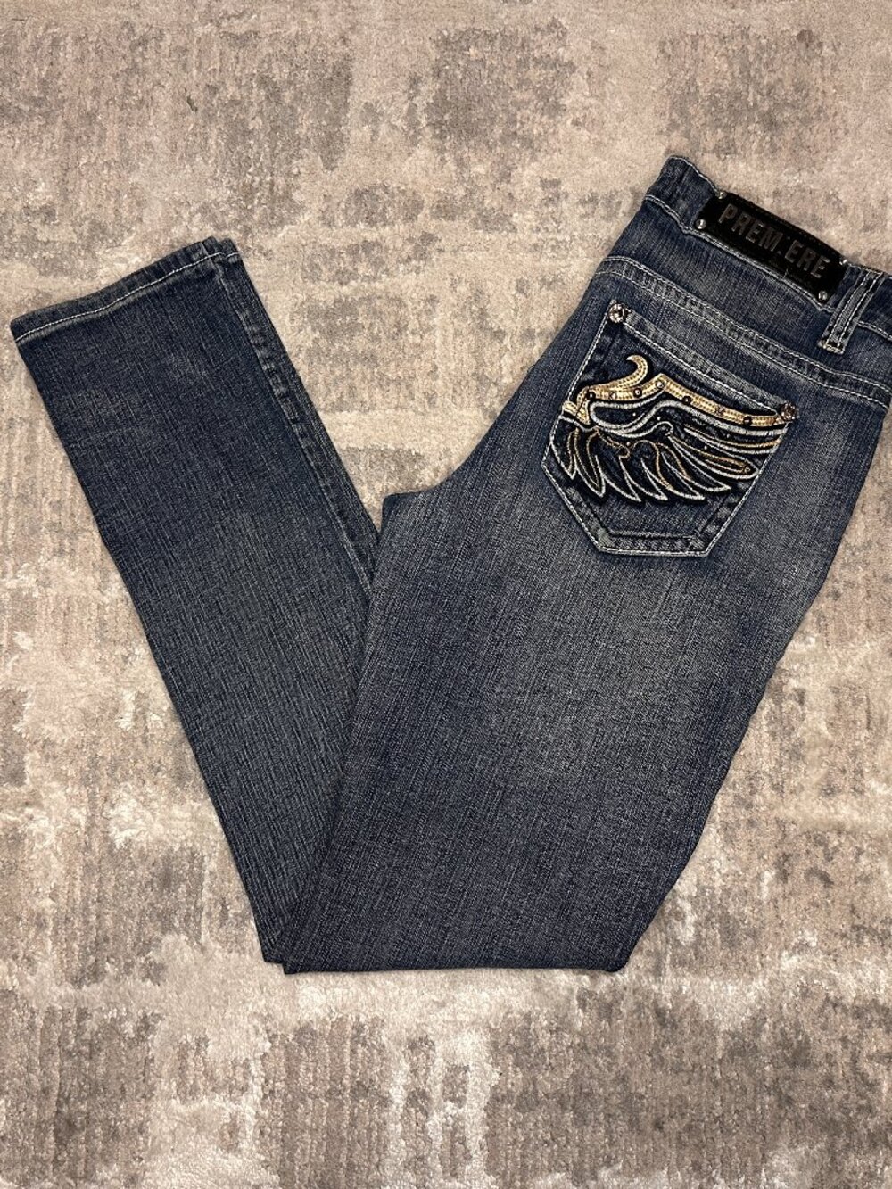 Y2K Premiere Rue21 Blue Angel Wings Bling Studded Embroidery Skinny Jeans 9/10R